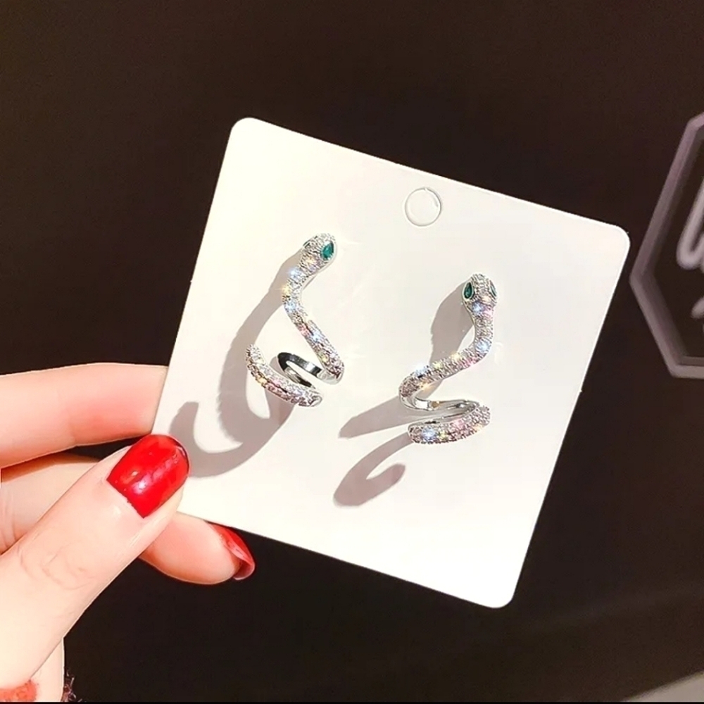 Silver Emerald Snake Diamond Cuff Earrings